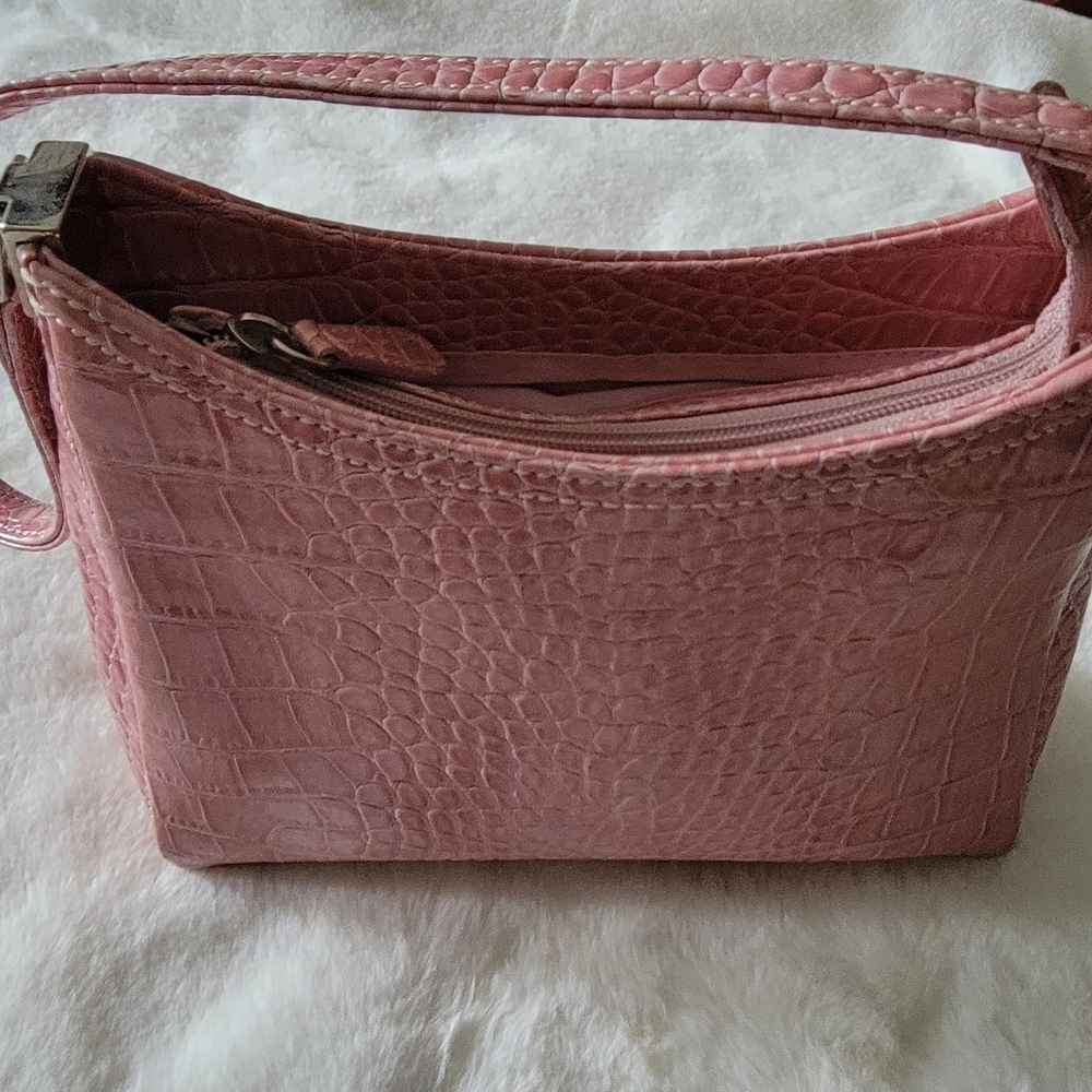 Croc-Embossed Pink Shoulder Bag with Top Zip